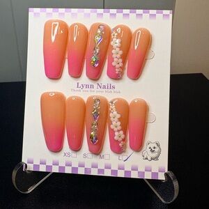 Ombre Pink to Peach Press-On Nails with Rhinestones & Floral Accent